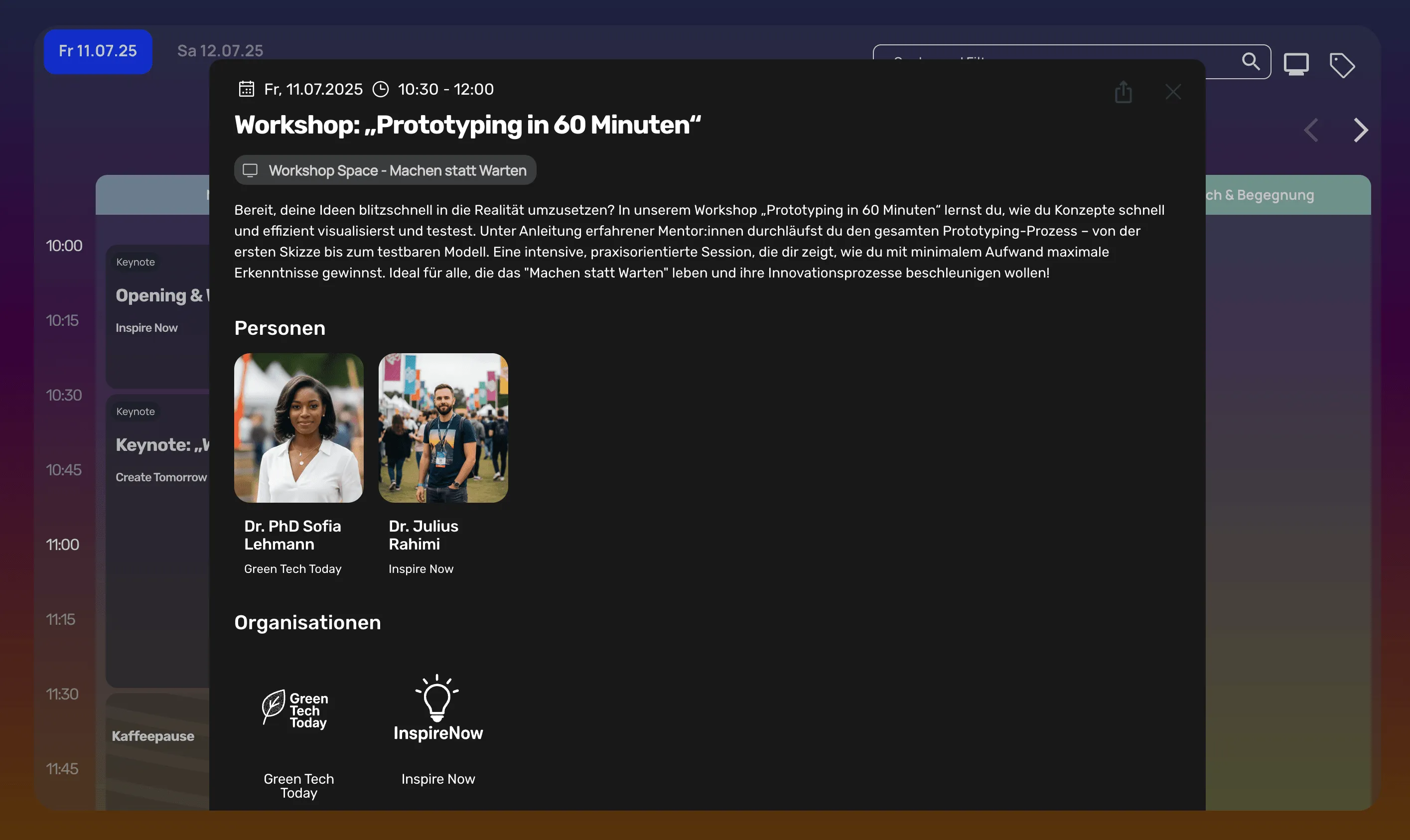 Programme detail page of an iveo event website with schedule and speaker information