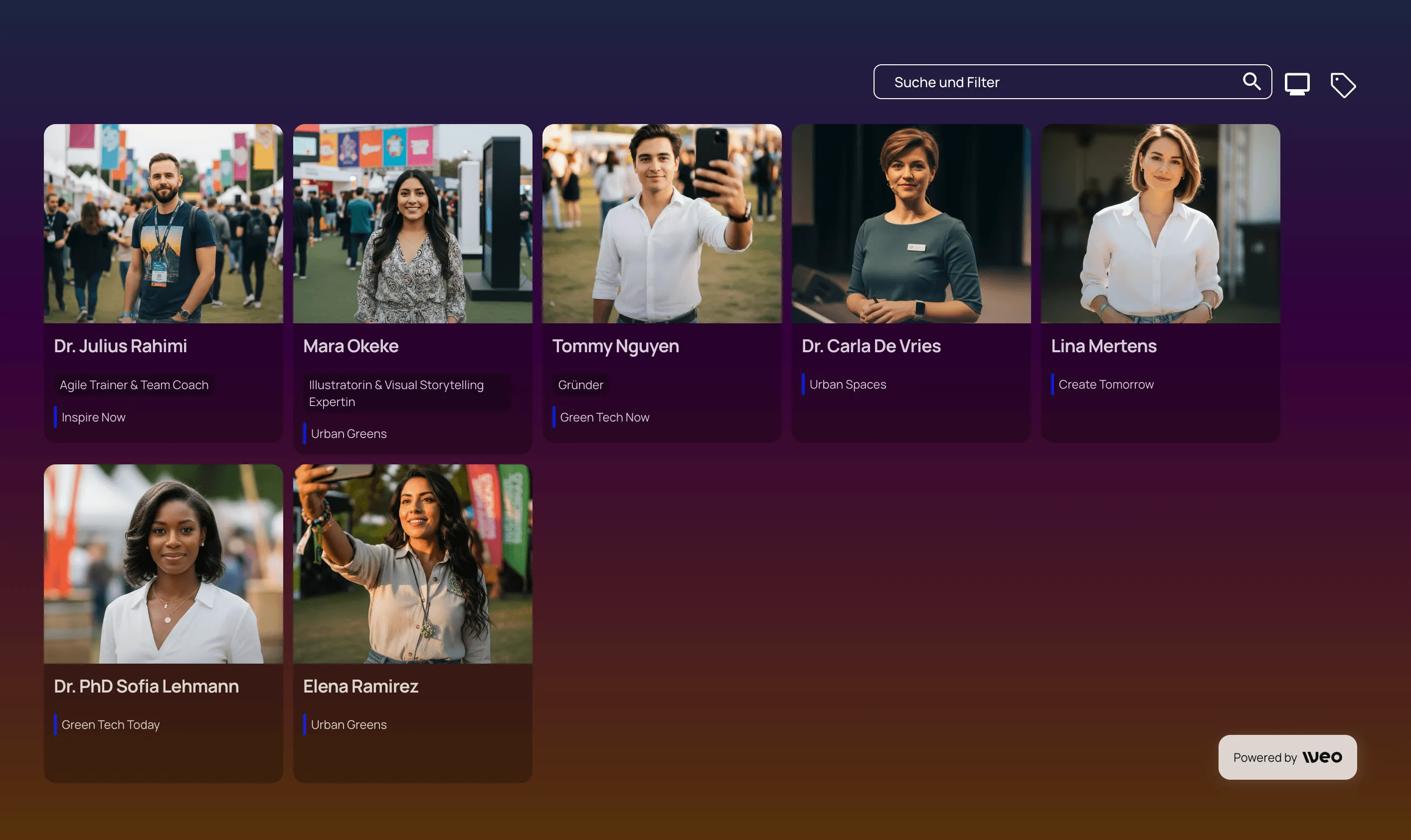 Speaker directory on an iveo event website with photos and details