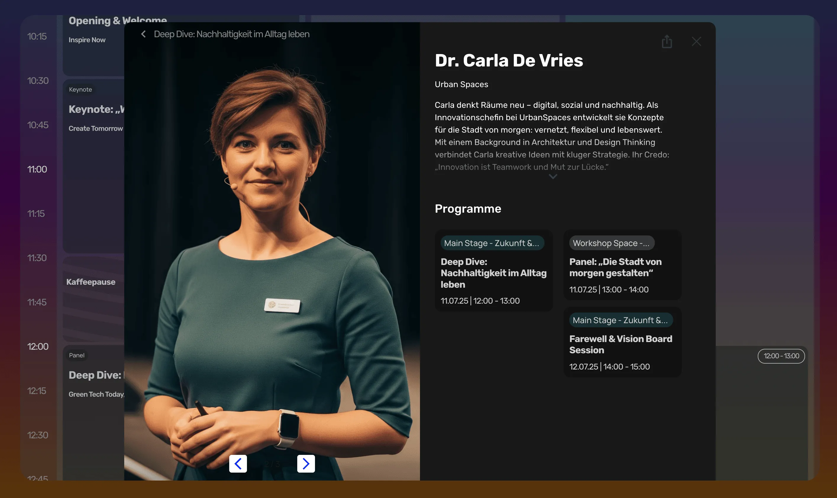 Speaker profile page on an event website created with iveo