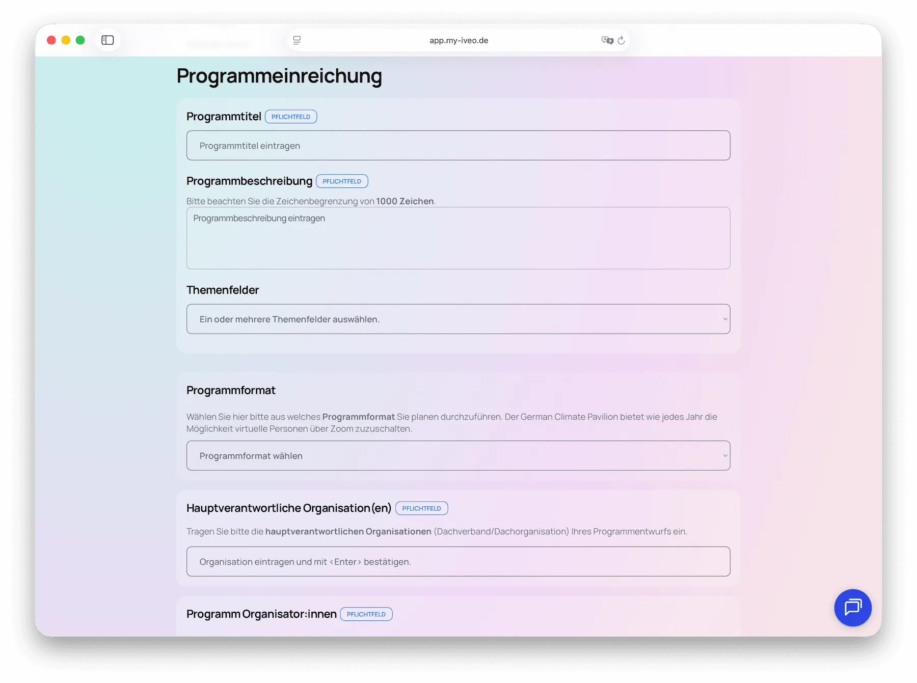 Programme submission form in iveo Prepare