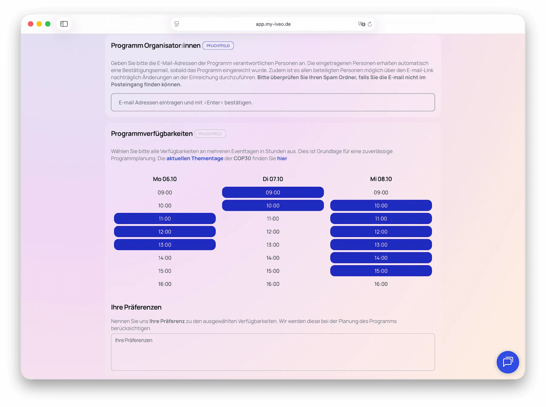 Availability selection during programme submission in iveo Prepare