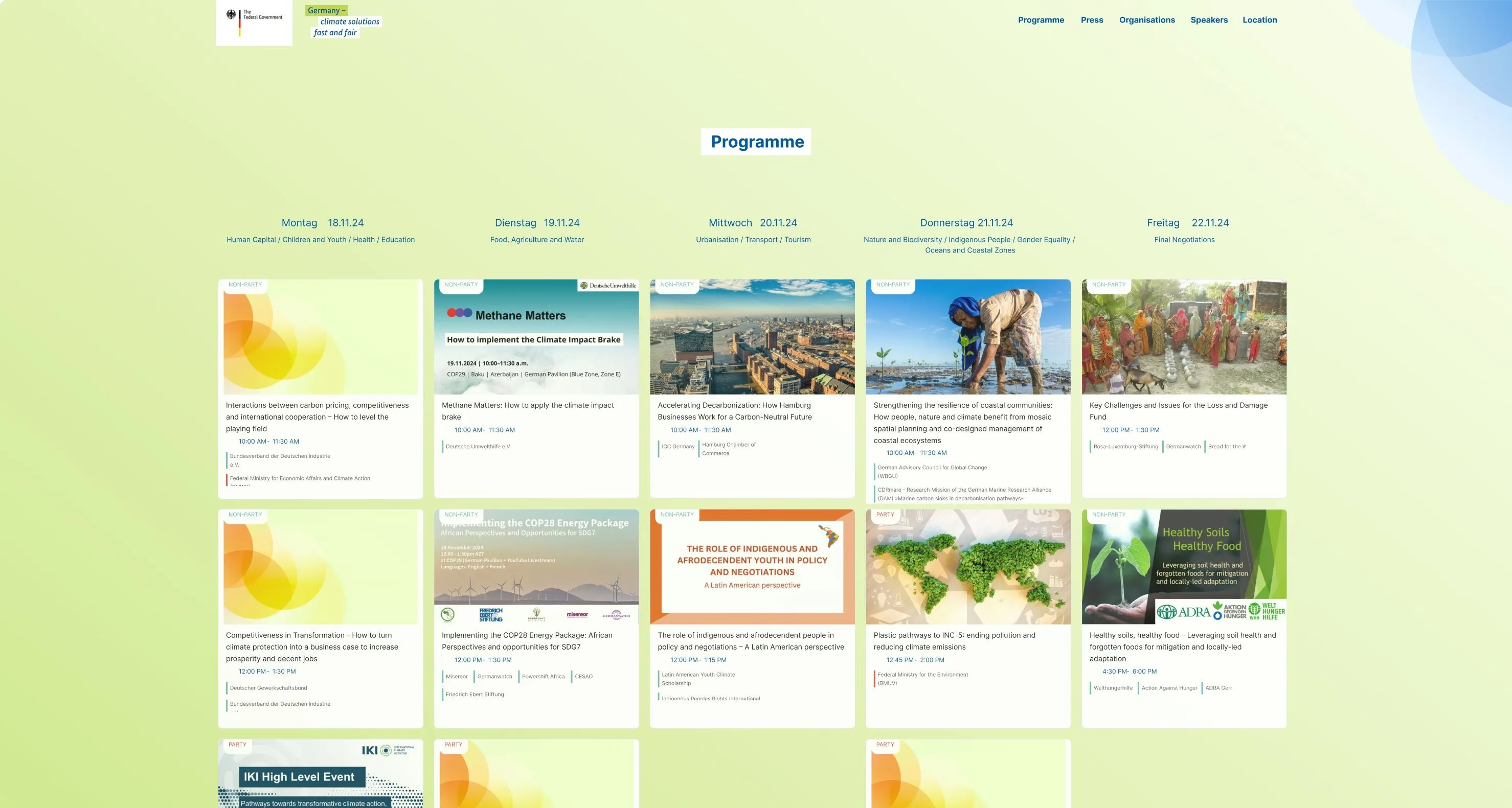 German Climate Pavilion event website with interactive programme overview