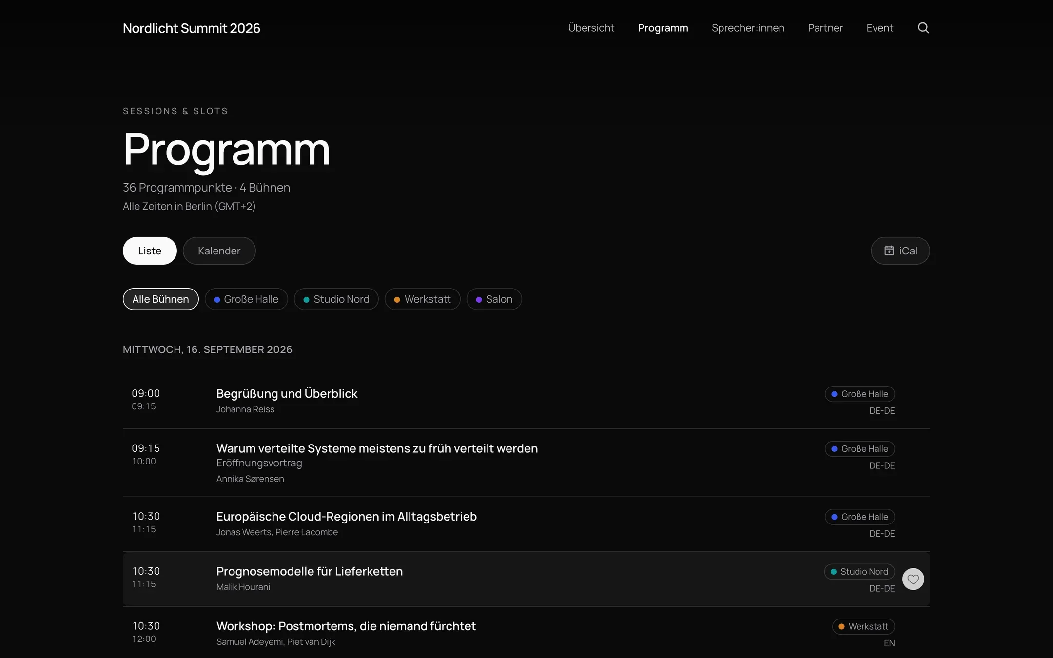 Página pública del programa de un evento con selector de lista y calendario, filtro por escenario y aviso de la zona horaria