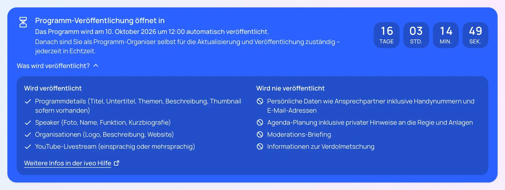 Das blaue Countdown-Banner über dem Programmkopf: Tage, Stunden, Minuten und Sekunden bis zum Veröffentlichungstermin, darunter aufgeklappt die Listen „Wird veröffentlicht“ und „Wird nie veröffentlicht“.
