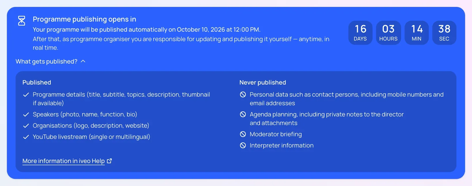 The blue countdown banner above the programme header: days, hours, minutes and seconds until publishing opens, with the “Published” and “Never published” lists expanded below.