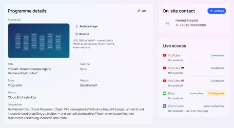Küçük resim, başlık, tür ve konu alanıyla “Programme details” kutusu, yanında “On-site contact” ve “Live access”