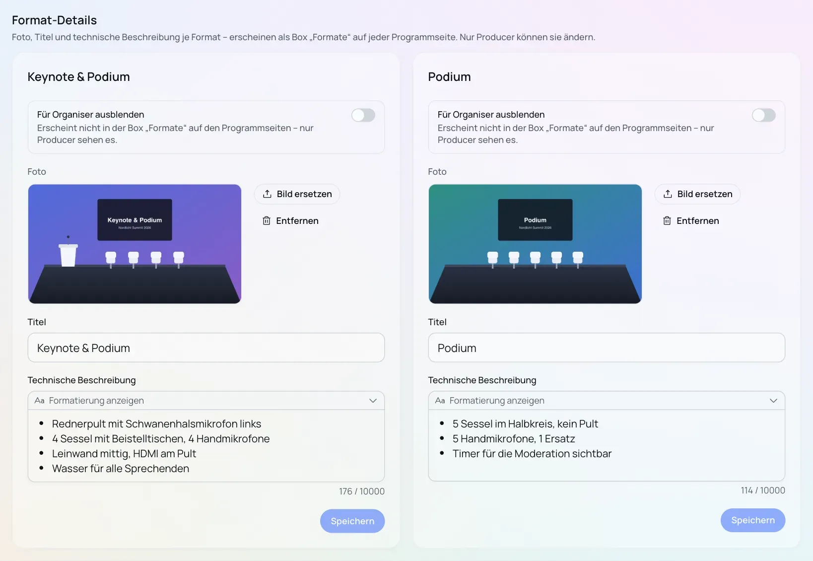 Einstellungen, Programm-Regeln, Abschnitt „Format-Details“: je Format eine Karte mit dem Schalter „Für Organiser ausblenden“, Foto, Titel und technischer Beschreibung.