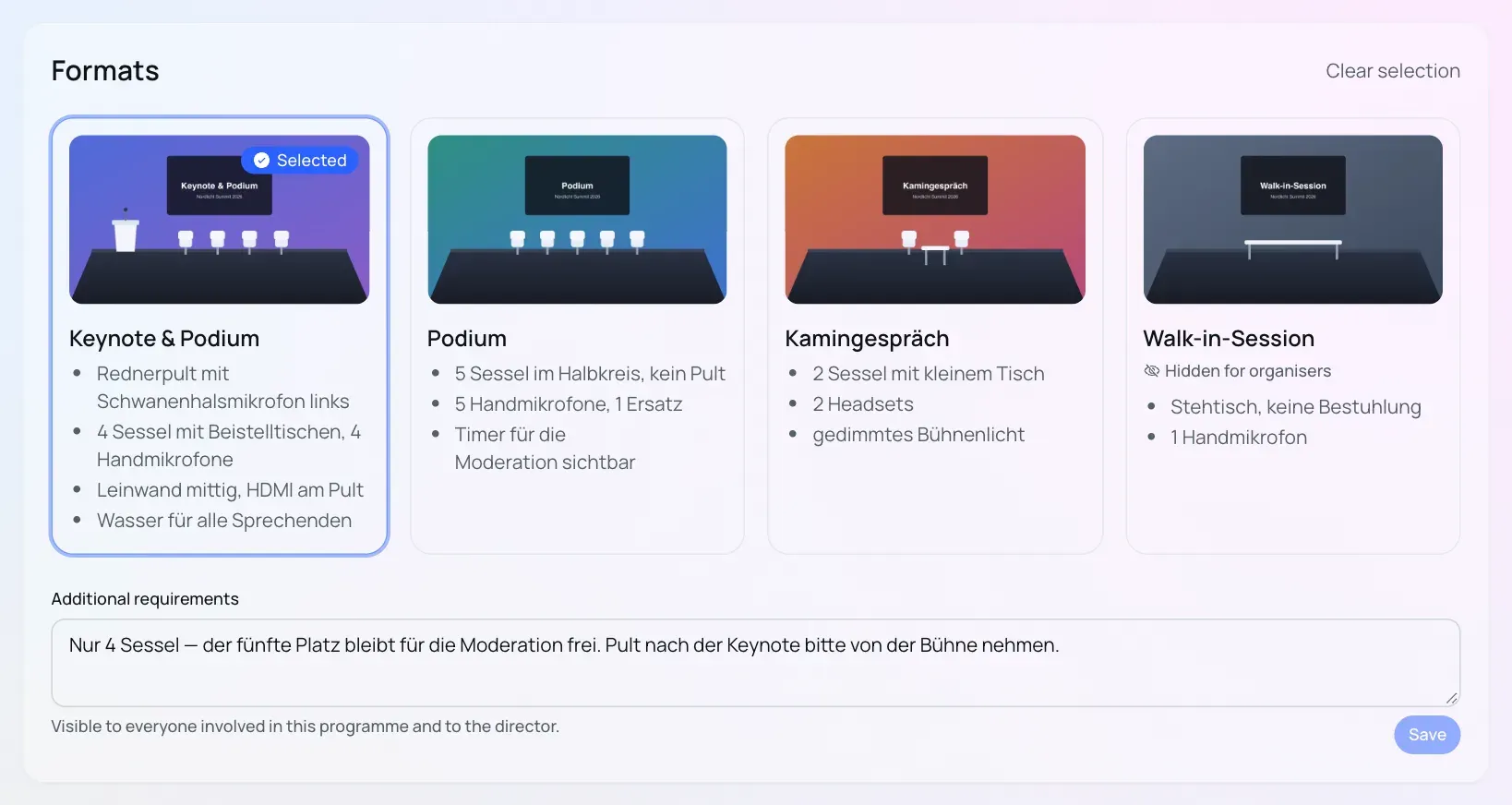 The “Formats” box: four cards with a stage sketch, title and technical description; the selected format is highlighted, and one is hidden for organisers. Below it, the “Additional requirements” text field.