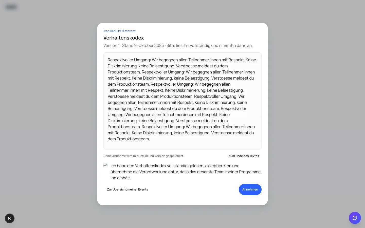 Der Dialog „Verhaltenskodex“: Eventname, Version und Stand, der Text des Kodex, darunter die Erklärung zum Ankreuzen und die Knöpfe „Zur Übersicht meiner Events“ und „Annehmen“.