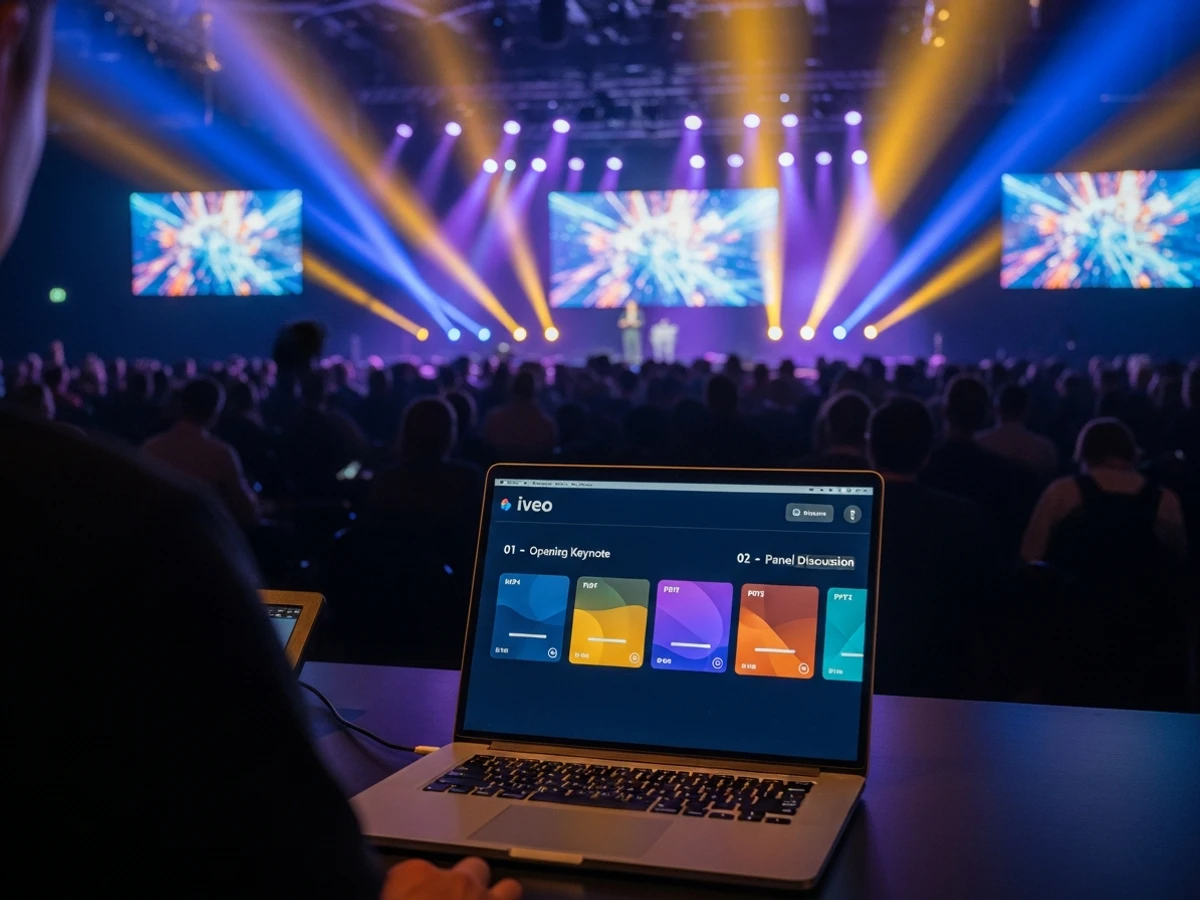 Video-Operator am FOH-Tisch mit iveo Data Sync Gallery auf dem Laptop, Event-Bühne mit Publikum im Hintergrund