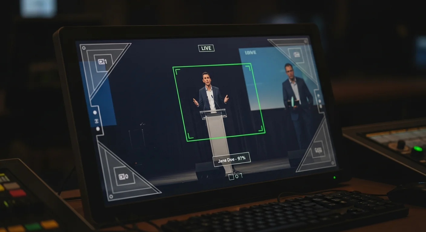 iveo Speaker Detection – Echtzeit-Gesichtserkennung auf einem Monitor mit grüner Bounding Box und Confidence Score