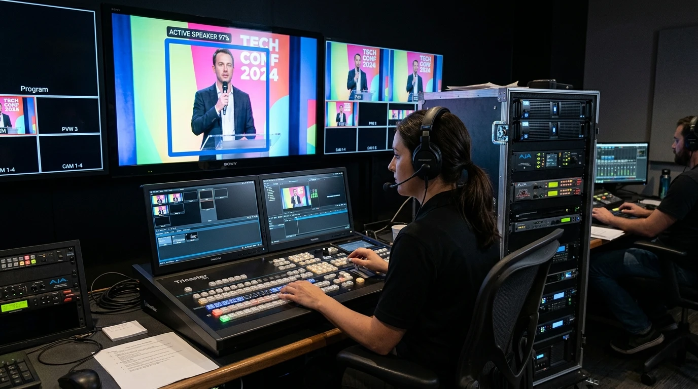 Canlı bir etkinlikte monitörler ve konuşmacı tanıma ile backstage prodüksiyon