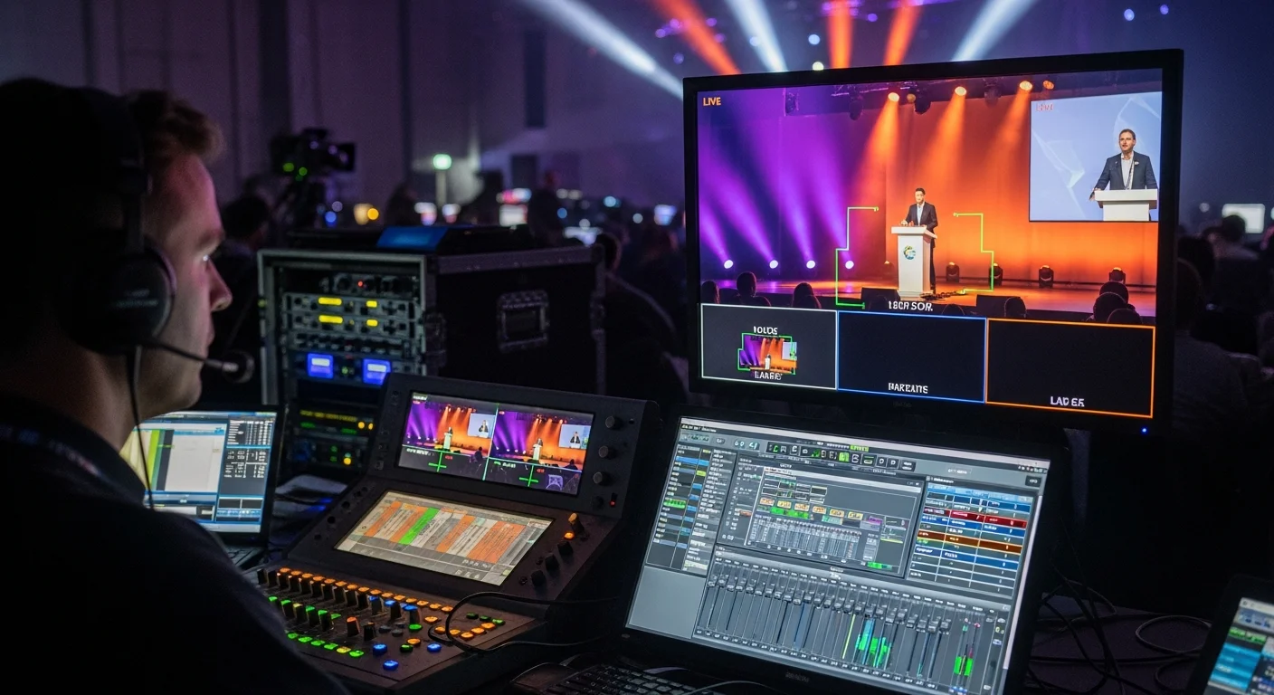 Backstage-Regie bei einem Live-Event mit Monitoren und Sprechererkennung